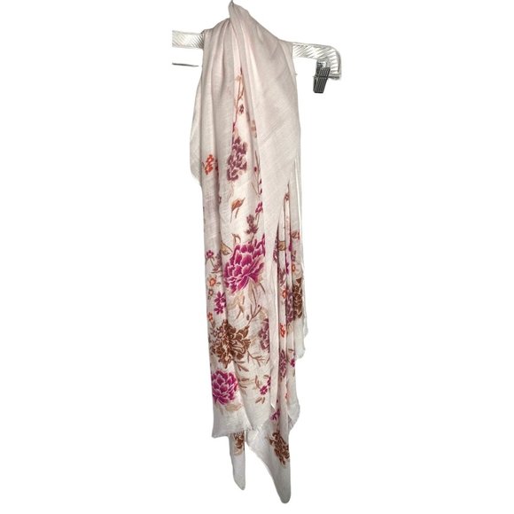 White Floral Wrap Scarf with Fringed Edges Length 76 Inches - Picture 2 of 5